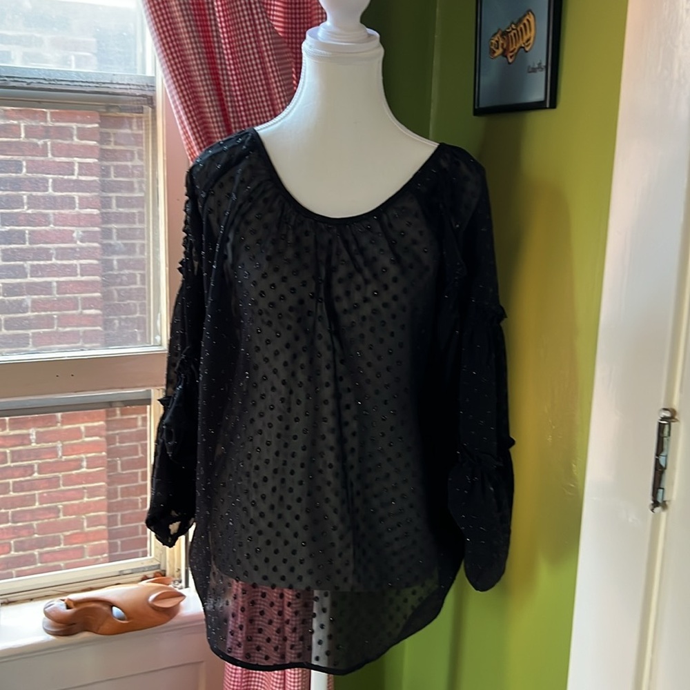DKNY Jeans black sheer polka dot blouse